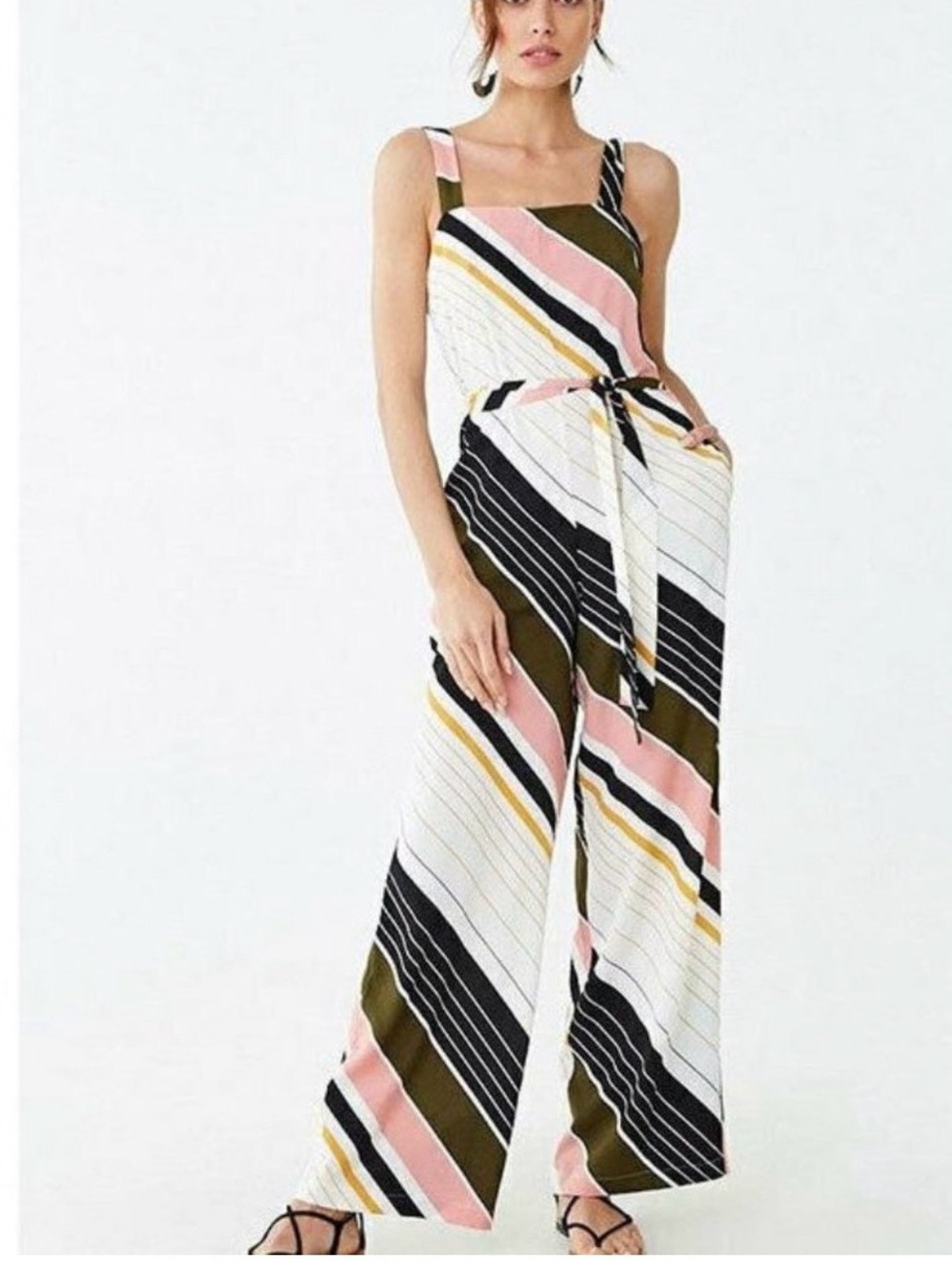 Forever 21 Multicolor Striped Wide-Leg Jumpsuit - Pink, Olive & Black